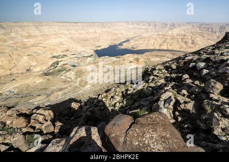 vue d'ensemble du barrage et du lac Wadi El Mujib, Jordanie Banque D'Images