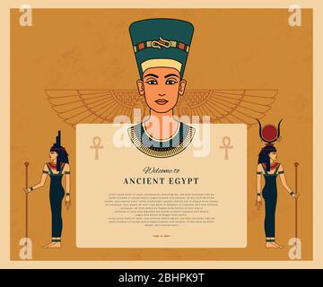 Modèle avec place pour le texte et la bonté égyptienne Isis, Hathaor, reine Nefertiti et soleil ailé égyptien. Illustration de Vecteur