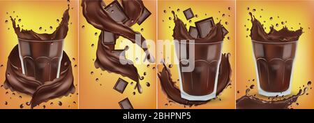 Un chocolat réaliste en relief dans le verre transparent avec des morceaux de chocolat. Éclaboussures de chocolat noir. Chocolat chaud, cacao, cocktail ou boisson au café.Banner. Illustration vectorielle pour l'étiquette de conception Illustration de Vecteur