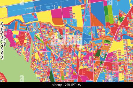 Carte vectorielle colorée du général Escobedo, Nuevo León, Mexique. Modèle de plan artistique pour l'impression automatique d'œuvres d'art murales au format paysage. Illustration de Vecteur