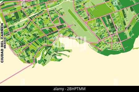 Carte vectorielle colorée de Ciudad del Carmen, Campeche, Mexique. Modèle de plan artistique pour l'impression automatique d'œuvres d'art murales au format paysage. Illustration de Vecteur