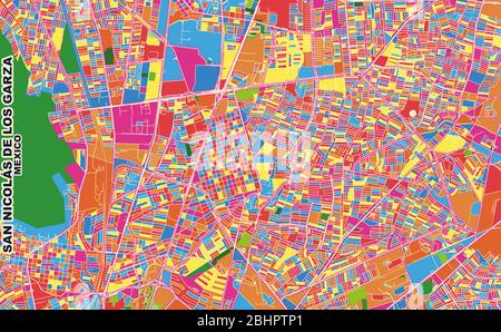 Carte vectorielle colorée de San Nicolás de los Garza, Nuevo León, Mexique. Modèle de plan artistique pour l'impression automatique d'œuvres d'art murales au format paysage. Illustration de Vecteur