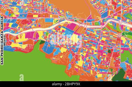 Carte vectorielle colorée de San Pedro Garza García, Nuevo León, Mexique. Modèle de plan artistique pour l'impression automatique d'œuvres d'art murales au format paysage. Illustration de Vecteur