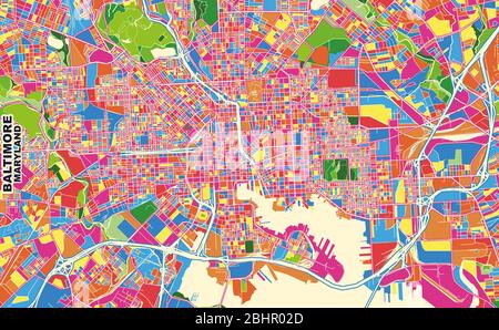 Carte vectorielle colorée de Baltimore, Maryland, États-Unis. Modèle de plan artistique pour l'impression automatique d'œuvres d'art murales au format paysage. Illustration de Vecteur