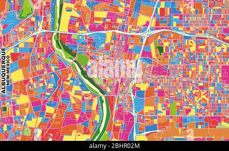Carte vectorielle colorée d'Albuquerque, Nouveau-Mexique, États-Unis. Modèle de plan artistique pour l'impression automatique d'œuvres d'art murales au format paysage. Illustration de Vecteur