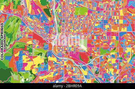 Carte vectorielle colorée de Colorado Springs, Colorado, États-Unis. Modèle de plan artistique pour l'impression automatique d'œuvres d'art murales au format paysage. Illustration de Vecteur