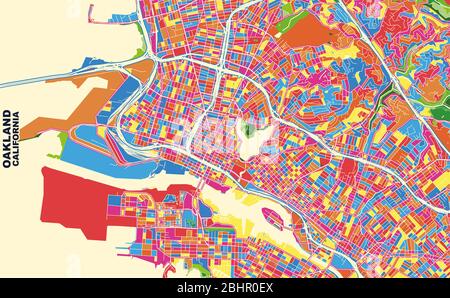 Carte vectorielle colorée d'Oakland, Californie, États-Unis. Modèle de plan artistique pour l'impression automatique d'œuvres d'art murales au format paysage. Illustration de Vecteur