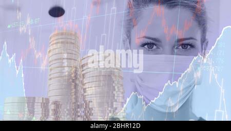 Illustration numérique d'une femme médecin portant un masque de coronavirus Covid19 avec pièces et données Banque D'Images
