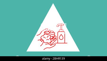 Illustration du lavage des mains sur fond vert. Précautions de propreté pour la pandémie de coronavirus Banque D'Images