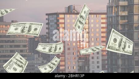 Illustration numérique du dollar américain flottant sur un paysage urbain Banque D'Images