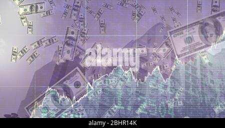 Illustration numérique du dollar flottant avec traitement des données et statistiques montrant sur cityscape i Banque D'Images