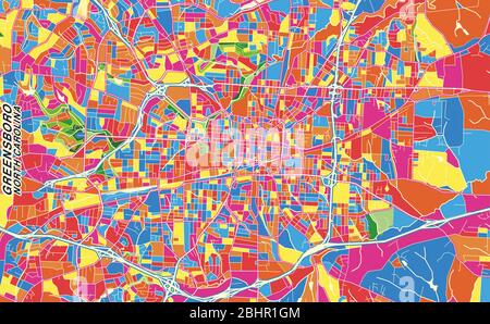 Carte vectorielle colorée de Greensboro, Caroline du Nord, États-Unis. Modèle de plan artistique pour l'impression automatique d'œuvres d'art murales au format paysage. Illustration de Vecteur