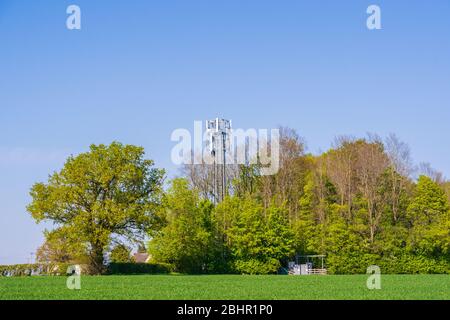 Mât de téléphone mobile partiellement masqué par des arbres dans la campagne. Beaucoup Hadham, Hertfordshire. ROYAUME-UNI Banque D'Images