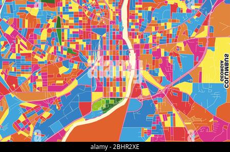 Carte vectorielle colorée de Columbus, Géorgie, États-Unis. Modèle de plan artistique pour l'impression automatique d'œuvres d'art murales au format paysage. Illustration de Vecteur
