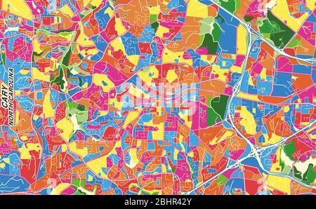 Carte vectorielle colorée de Cary, Caroline du Nord, États-Unis. Modèle de plan artistique pour l'impression automatique d'œuvres d'art murales au format paysage. Illustration de Vecteur