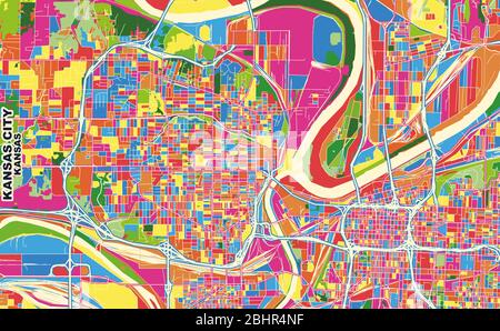 Carte vectorielle colorée de Kansas City, Kansas, États-Unis. Modèle de plan artistique pour l'impression automatique d'œuvres d'art murales au format paysage. Illustration de Vecteur