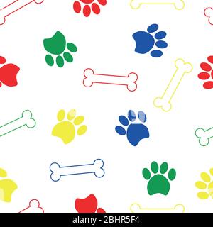 Motif chien sans couture. Contours colorés des os et des empreintes de pattes de chien sur un fond transparent. Convient à l'impression de textiles ou d'emballages p Banque D'Images