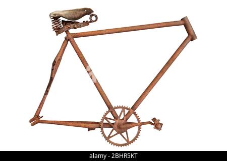 Cadre de vélo rouillé et trame vintage avec selle en cuir isolée sur fond blanc Banque D'Images