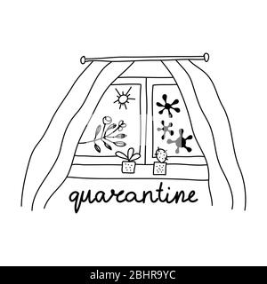 Concept de quarantaine du printemps 2020. Vue sur la fenêtre avec bactéries du coronavirus, soleil et branche d'arbre. Cactus sur le seuil. Isolé sur fond blanc. Stock vectoriel Illustration de Vecteur