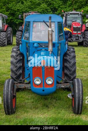 Pocklington, East Yorkshire, Royaume-Uni, 24/05/2015 - ancien tracteur Fordson de couleur rouge et bleue stationné dans un champ avec d'autres tracteurs. Banque D'Images