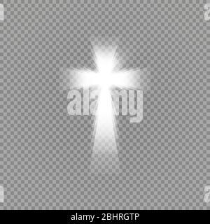 Croix blanche et brillante du soleil des reflets lumineux sur fond transparent. Saint Croix rougeoyante. Vector illustration Illustration de Vecteur