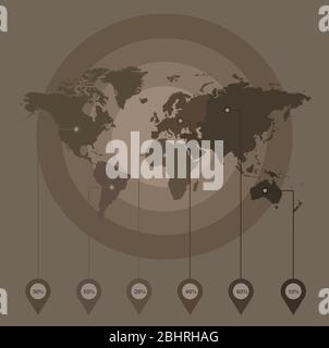 Infographies de carte du monde divisées en continents, couleurs de safari brun en arrière-plan vecteur cible Illustration de Vecteur