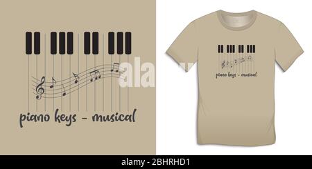 Imprimé sur un t-shirt, touches de piano musical avec notes musicales, isolé sur fond vectoriel Illustration de Vecteur