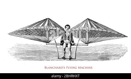 Jean-Pierre Blanchard ( 1753 - 1809) inventeur français : première machine volante infructueuse avec ailes qui se flaient au moyen de leviers et de pédales en 1781 Banque D'Images