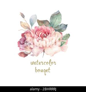 Bouquet de couleur d'eau dessinée à la main avec roses rouges, blanches et bleues, fleurs de pivoine et de lilas et feuilles vertes. Isolé sur fond blanc pour mariage Banque D'Images