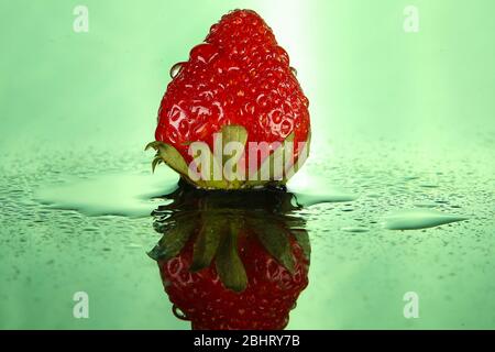 Fraises douces, tournées en studio avec deux lampes stroboscopiques sur fond vert Banque D'Images