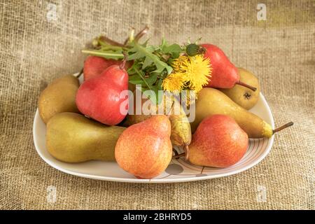 Poires rouges et vertes biologiques vives dans une assiette sur le burap, les pissenlits sur le dessus, les fruits naturels, concept de nourriture saine Banque D'Images