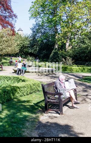 Une femme plus âgée portant un masque de visage lisant son journal sur un banc de parc pendant le verrouillage pandémique du coronavirus, Londres, Royaume-Uni Banque D'Images