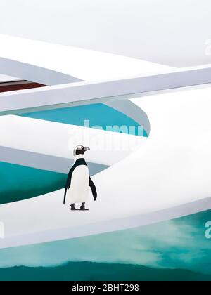 Illustration de style aquarelle d'un pingouin dans une piscine, basée sur le célèbre design Lubetkin au zoo de Londres Banque D'Images