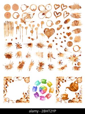 Taches de peinture au café, éclaboussures et dommages isolés sur fond blanc. Marques de tasse à café. Fond de café peint à la main. Banque D'Images