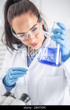 Une femme chimiste portant des lunettes de protection sourit lorsqu'elle tient un tube à essai, mélangeant du liquide bleu à l'intérieur de la fiole conique. Concept COVID-19 du coronavirus. Banque D'Images