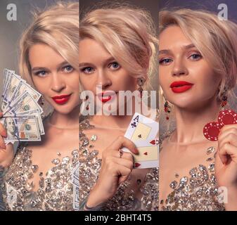 Collage de dame blonde avec un décollage lumineux, dans une robe brillante. Elle souriait, montrant de l'argent, deux as et des jetons rouges. Poker, casino. Gros plan Banque D'Images