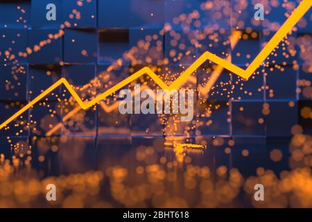 Une carte abstraite de la croissance des stocks faite de feu et d'étincelles. Illustration de la croissance de la 3d, représentant la réussite commerciale. Prise de vue macro avec mise au point sélective avec Banque D'Images