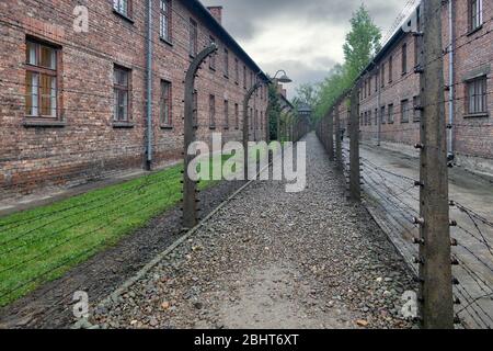 Bâtiments du camp de concentration Auschwitz entouré de bij barbwire Banque D'Images