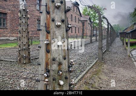 Bâtiments du camp de concentration Auschwitz entouré de bij barbwire Banque D'Images