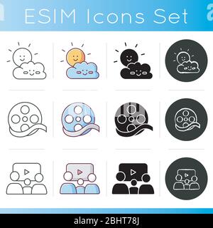 Les icônes de films et de genres tv les plus courants sont définies. Styles de couleurs linéaires, noir et RVB. Types de films populaires. Dessins animés pour enfants, films documentaires et familles Illustration de Vecteur