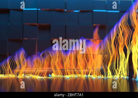 Une carte abstraite de la croissance des stocks faite de feu et d'étincelles. Illustration de la croissance de la 3d, représentant la réussite commerciale. Prise de vue macro avec mise au point sélective avec Banque D'Images