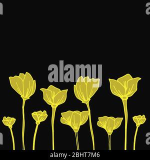 Éléments vectoriels vintage esquissés à la main. Sauvage et libre. Illustration vectorielle fleurs jaunes sur fond noir. Parfait pour les invitations, les cartes de vœux, Banque D'Images