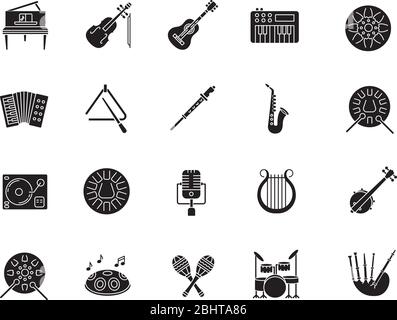 Les icônes de glyphes noirs d'instrument de musique classique se définissent sur un espace blanc Illustration de Vecteur