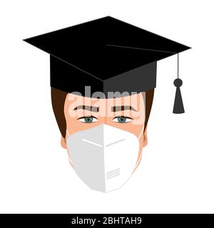Étudiant diplômé de l'Université en bonnet et masque médical. Concept de graduation quarantaine 2020. Icône Guy gradué, illustration vectorielle Illustration de Vecteur