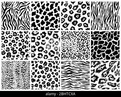 Ensemble de motifs animal sans coutures. Mammifères fourrure. Collection de peaux imprimées. Prédateurs Camouflage. Cheetah Giraffe Zebra Leopard Holstein bétail Snake Jaguar Illustration de Vecteur