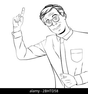 Jeune homme d'affaires donnant des conseils pointant vers le haut avec index. Illustration vectorielle Illustration de Vecteur