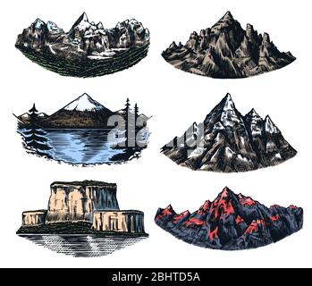 Ensemble de pics de montagnes, rock vintage, gamme de montagnes anciennes. Esquisse extérieure vectorielle dessinée à la main avec un style gravé. Alpes et Chamonix-Mont-Blanc pour la randonnée Illustration de Vecteur