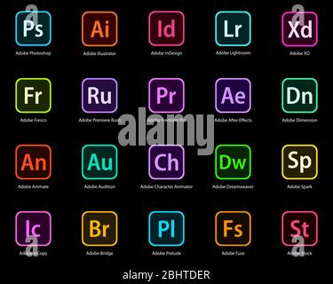 Modérer les icônes vectorielles des applications Adobe Creative Cloud et Adobe stock. Illustration de Vecteur