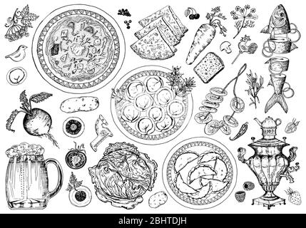 Ensemble de plats russes traditionnels. Boulettes et borscht dans une assiette et assaisonnement. Cuisine de Moscou. Samovar et crêpes, tranches de poisson. Esquisse dessinée à la main Illustration de Vecteur