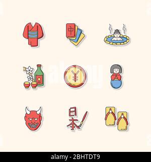 Correctifs imprimables au Japon. Yukata, kimono. Jeu de Mahjong. Ressorts chauds. Saké, vin de riz. Pièce en yen. Les autocollants de couleur RVB traditionnels japonais Illustration de Vecteur